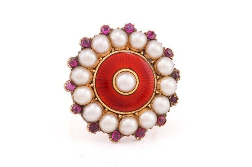 Lot 160 - A ruby, enamel and split pearl target ring;...