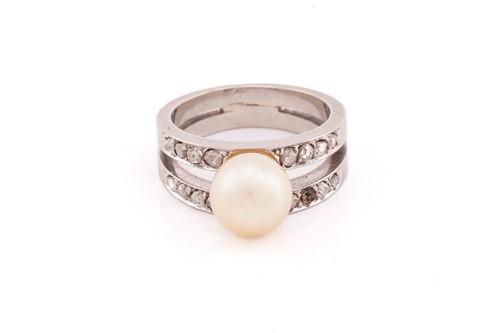 Lot 121 - A pearl and diamond dress ring, centred with a...