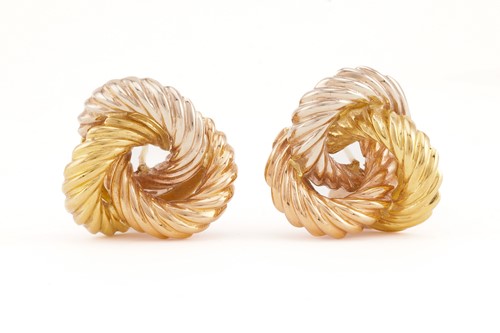 Lot 169 - A pair of tri-coloured knot earrings, 20mm,...