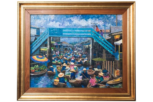Lot 32 - P. Hattasotana, Thai floating market, signed...