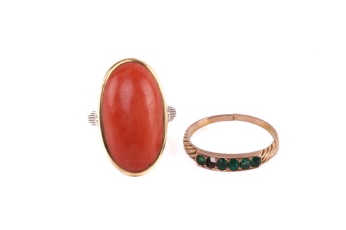 Lot 232 - A precious coral ring and an emerald half-hoop...