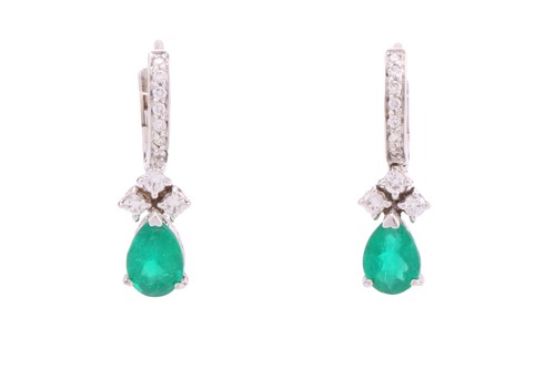 Lot 67 - A pair of emerald and diamond earrings, each...
