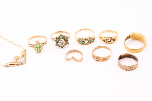 Lot 171 - A collection of five 9ct gold rings, three...