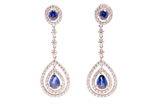 Lot 84 - A pair of sapphire and diamond drop earrings,...