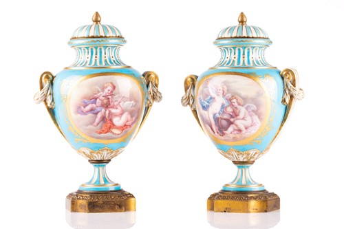 Lot 572 - A pair of Sevres bleu celeste style porcelain...