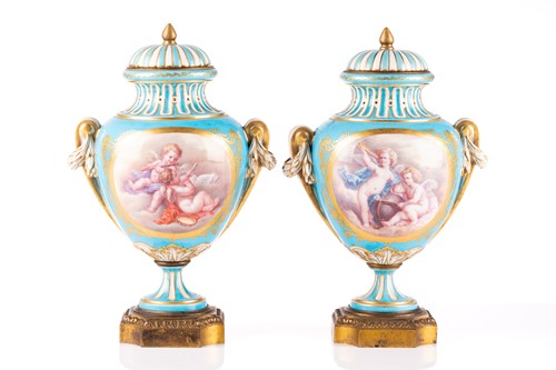 Lot 572 - A pair of Sevres bleu celeste style porcelain...