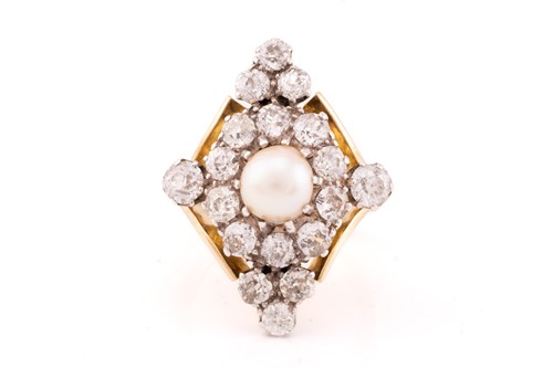 Lot 50 - A diamond and pearl cocktail ring, the lozenge...