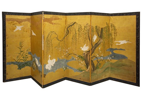 Lot 530 - A Japanese six panel screen, Byobu, Edo,...