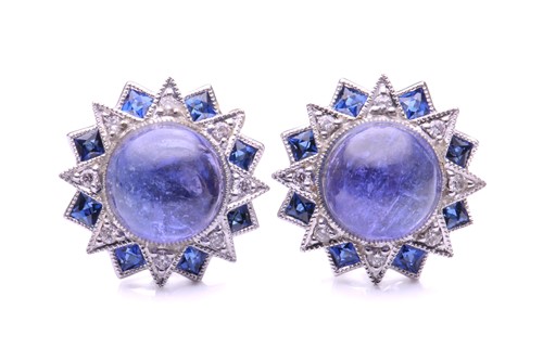 Lot 143 - A pair of sapphire, diamond and cabochon...