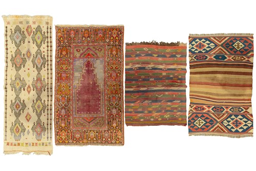 Lot 112 - An old Turkish claret ground prayer rug with...
