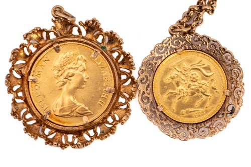 Lot 6 - An Isle of Man sovereign in pendant mount, and...
