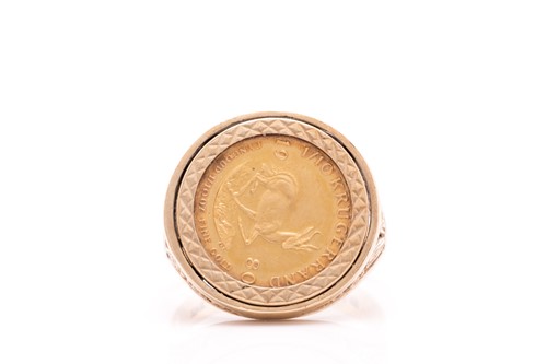 Lot 193 - A South African coin inset signet ring in 9ct...