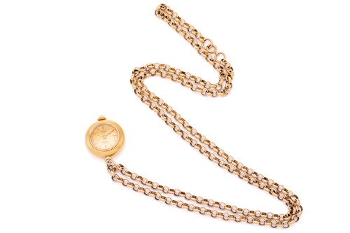 Lot 219 - A yellow metal belcher chain and pendant watch,...
