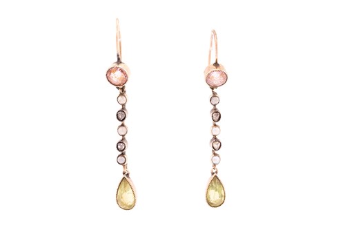 Lot 121 - A pair of multi-gem set drop earrings, each...