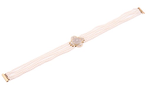 Lot 288 - An 18ct diamond and gold pearl choker, set...