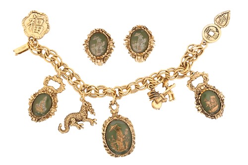 Lot 276 - A Chinoiserie gilt charm bracelet and earrings...