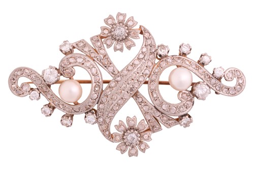 Lot 178 - A diamond and pearl brooch, of ornate scrolled...