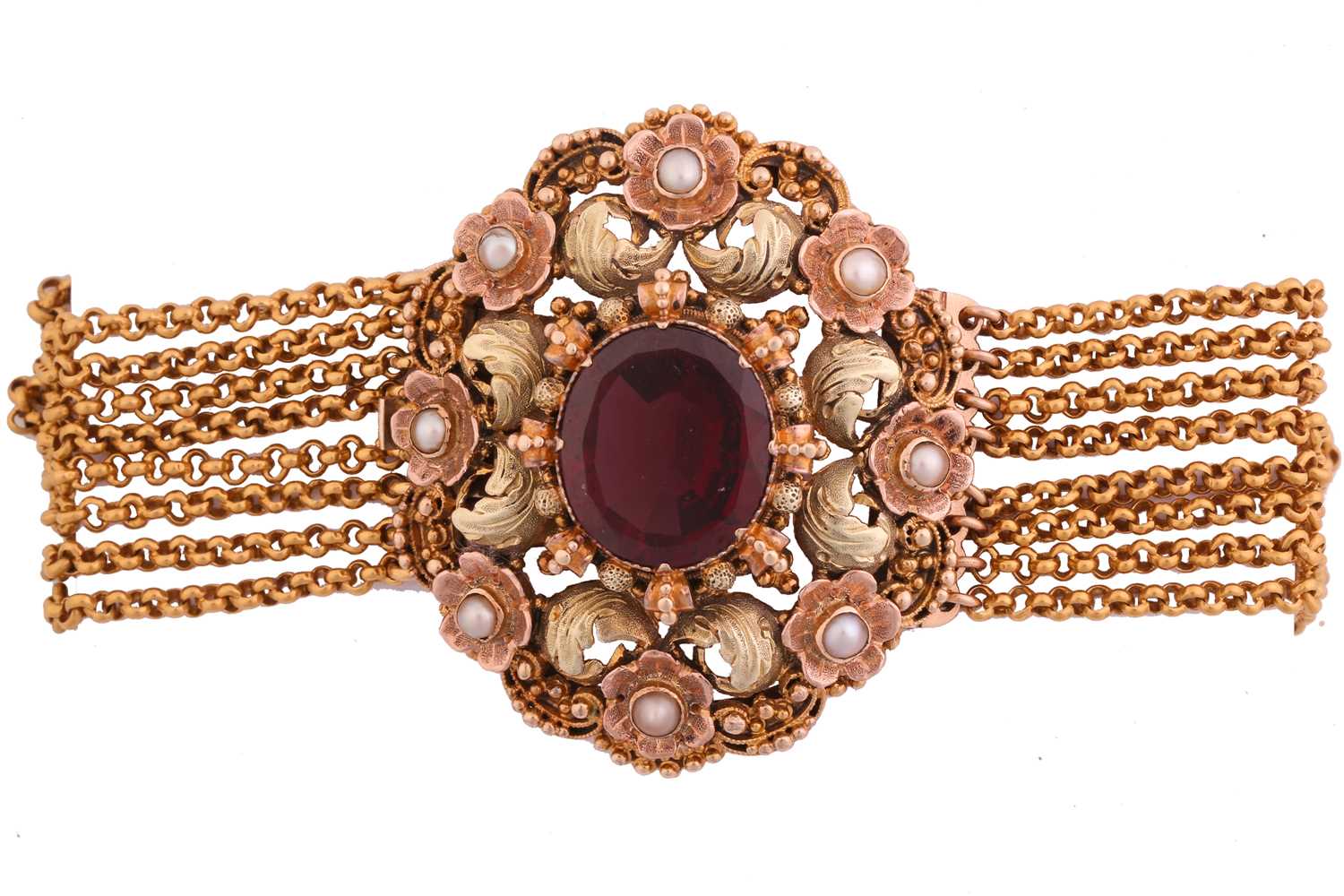 Lot 49 - A garnet and pearl cannetille bracelet,...