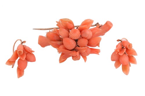 Lot 254 - A carved coral bouquet brooch and a pair of...