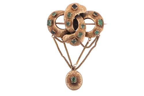 Lot 357 - A Victorian yellow gold and emerald knot...