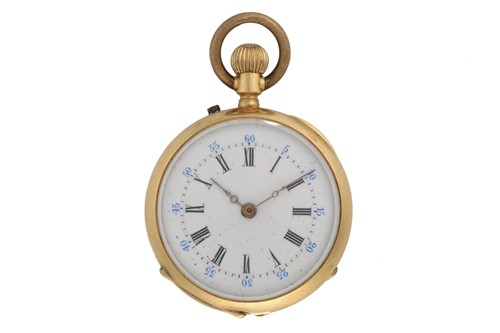 Lot 477 - An 18ct yellow gold open face ladies fob watch,...