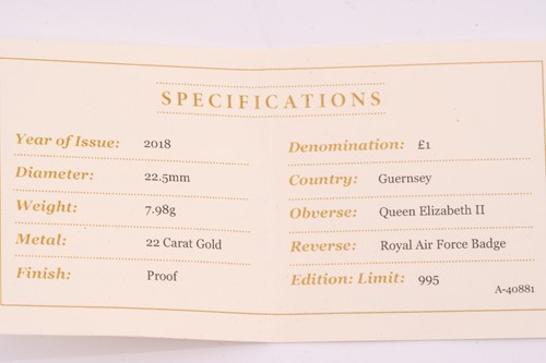 Lot 167 - A 2018 RAF Centenary Proof One Pound gold coin,...