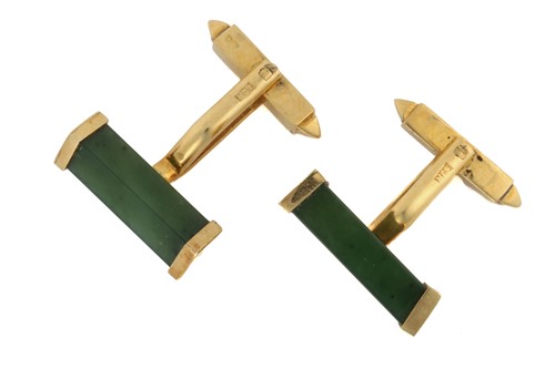 Lot 184 - A pair of 18ct yellow gold and nephrite jade...
