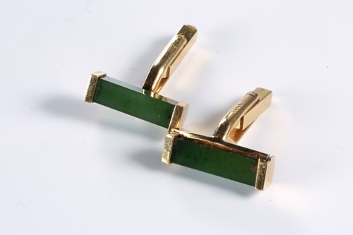 Lot 184 - A pair of 18ct yellow gold and nephrite jade...