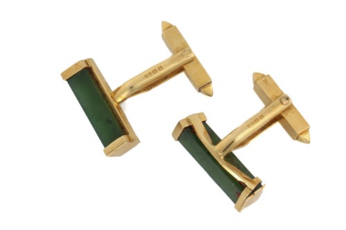 Lot 184 - A pair of 18ct yellow gold and nephrite jade...