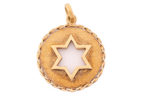 Lot 163 - A yellow metal Star of David pendant, circular...