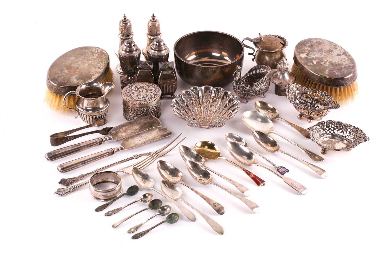 Lot 499 - A silver bowl, a pair of silver backed