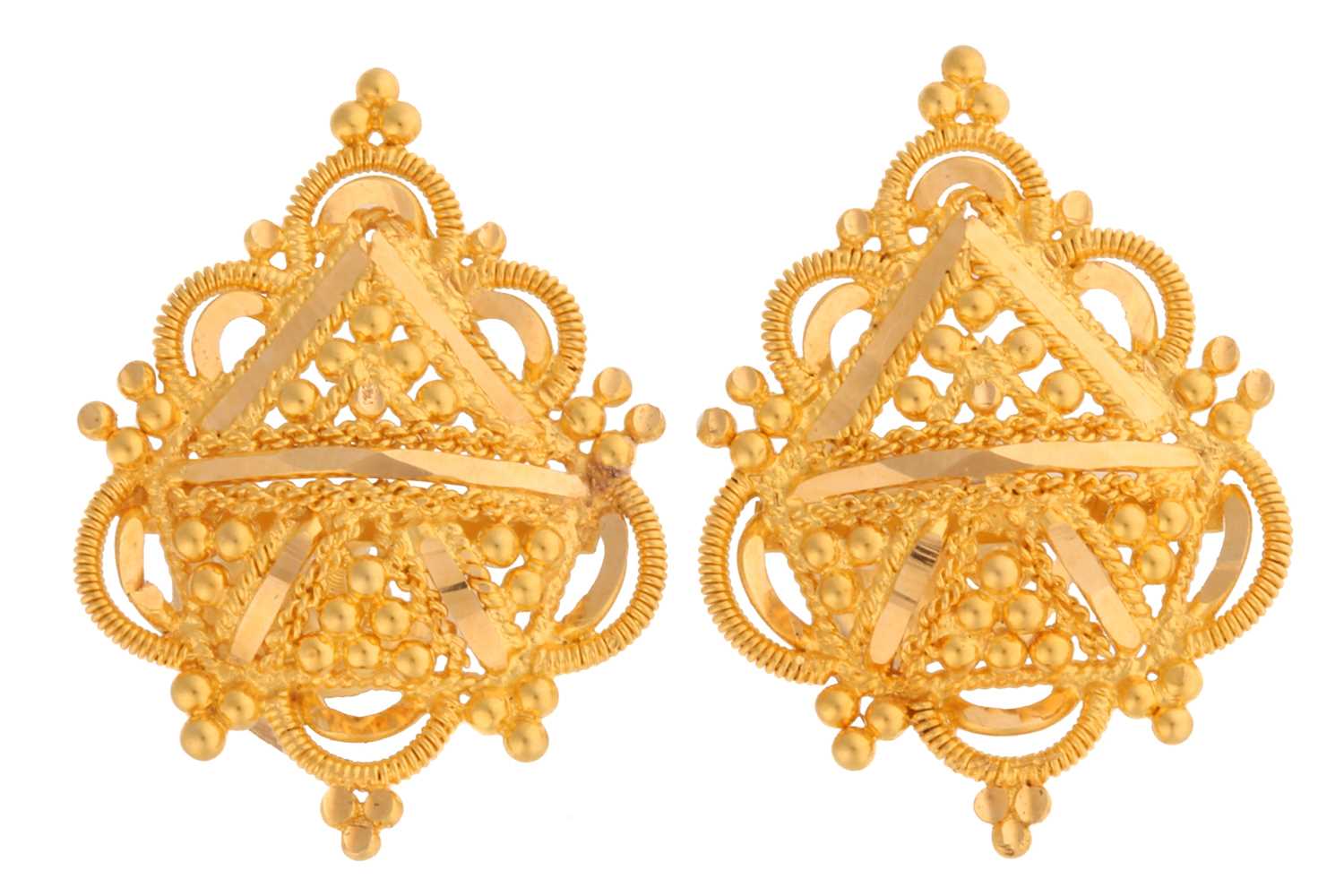Lot 196 - A pair of yellow metal earrings, of ornate...