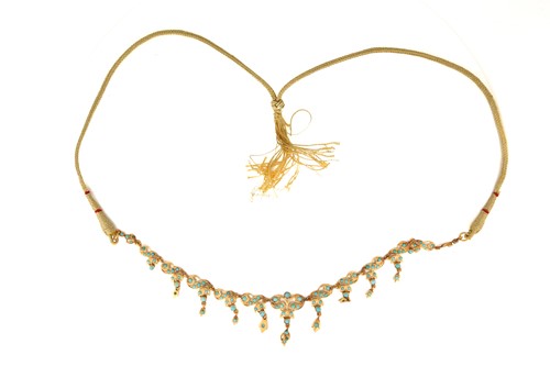 Lot 118 - A turquoise fringe necklace, of foliate design,...