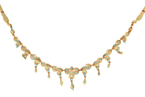 Lot 118 - A turquoise fringe necklace, of foliate design,...