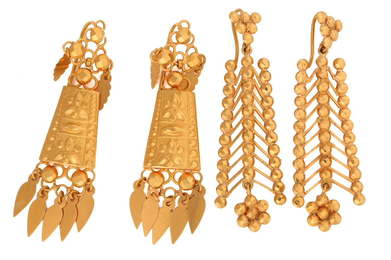 Lot 218 - A pair of Indian yellow metal earrings, of...
