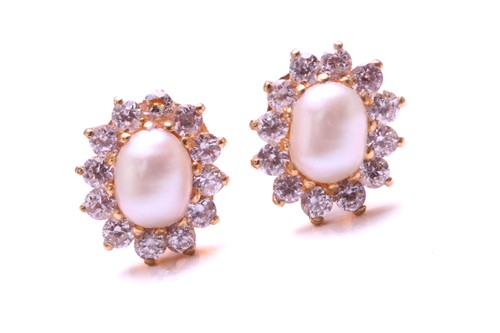 Lot 259 - A pair of pearl and cubic zirconia cluster...