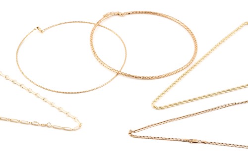 Lot 100 - A group of five yellow gold necklaces;...