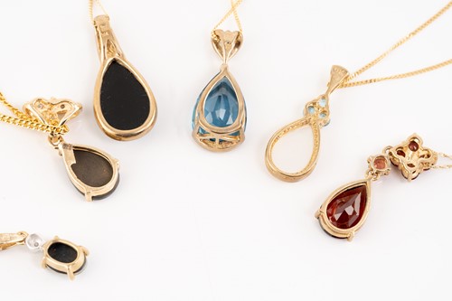 Lot 49 - Six gem-set drop pendants on chains; including...