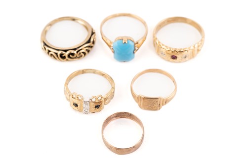 Lot 157 - Five gem-set rings in 9ct gold and another; to...