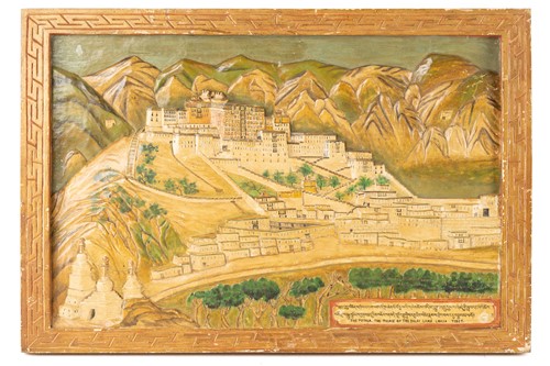 Lot 100 - A relief carved wood panel of the Potala...