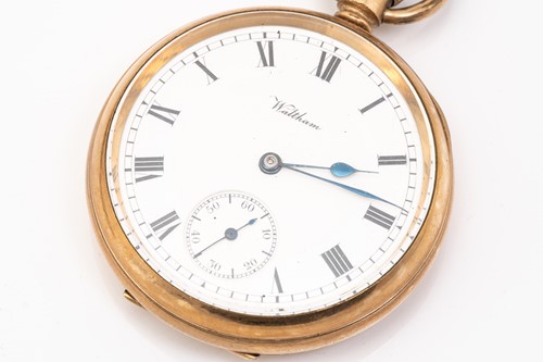 Lot 404 - A Waltham gold plated pocket watch, together...