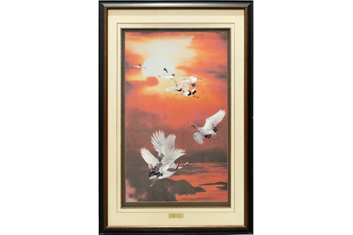 Lot 84 - A large Japanese embroidered picture of cranes...