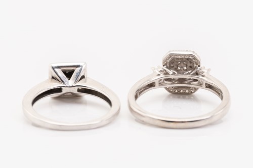 Lot 136 - Two diamond set cluster rings in white metal,...