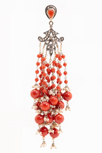 Lot 80 - A pair of red coral chandelier earrings, the...