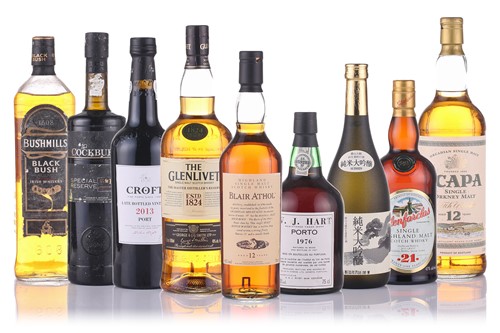 Lot 121 - A mixed selection of whisky, port and spirits,...