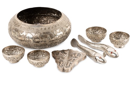 Lot 455 - A Burmese white metal circular bowl with an...