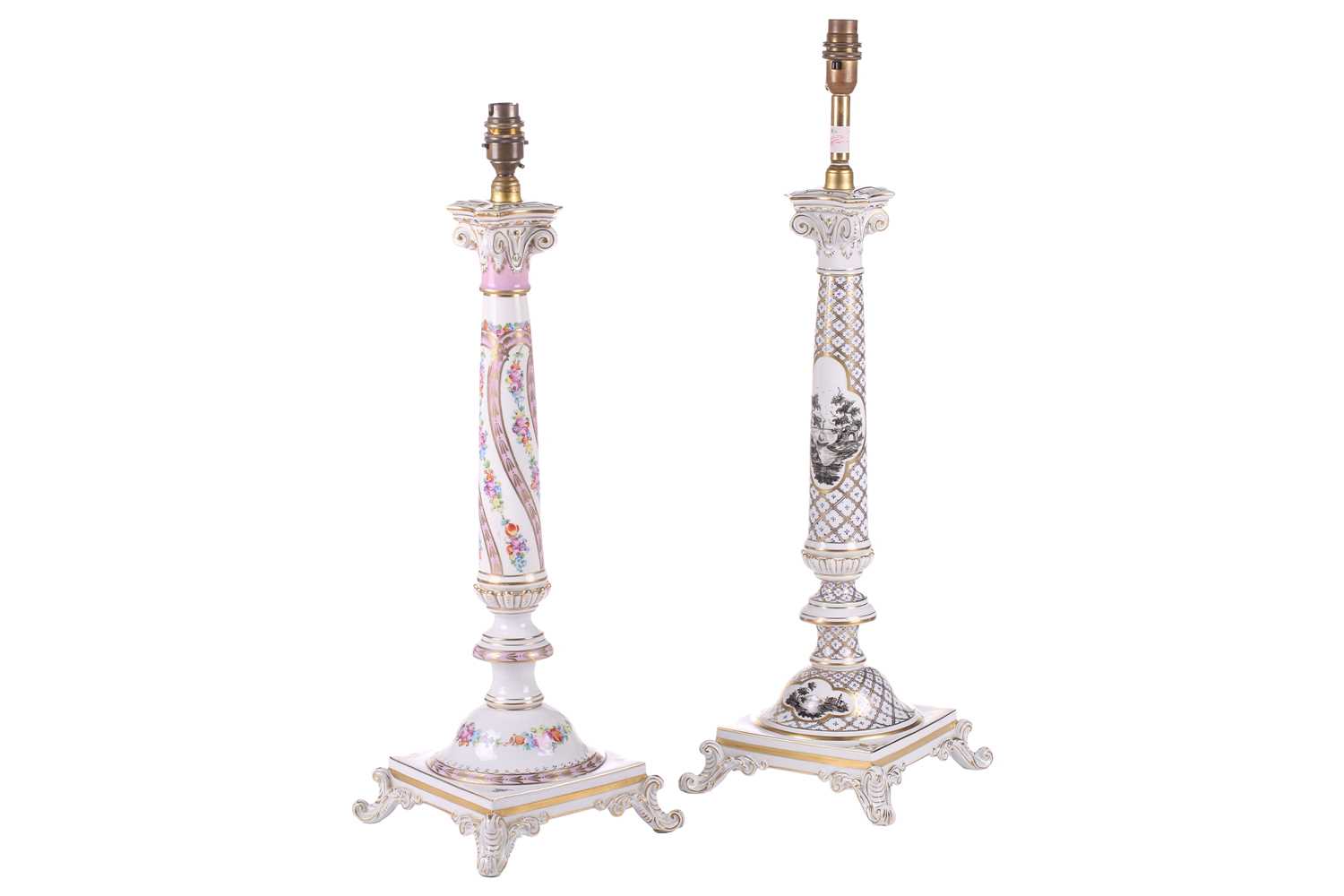 Lot 176 - Two large Dresden porcelain column table lamps...