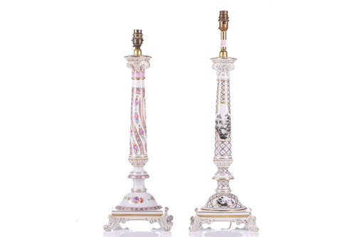 Lot 176 - Two large Dresden porcelain column table lamps...