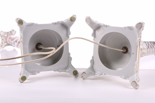 Lot 176 - Two large Dresden porcelain column table lamps...