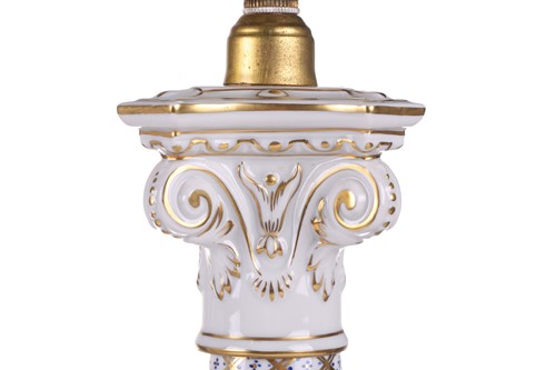 Lot 176 - Two large Dresden porcelain column table lamps...